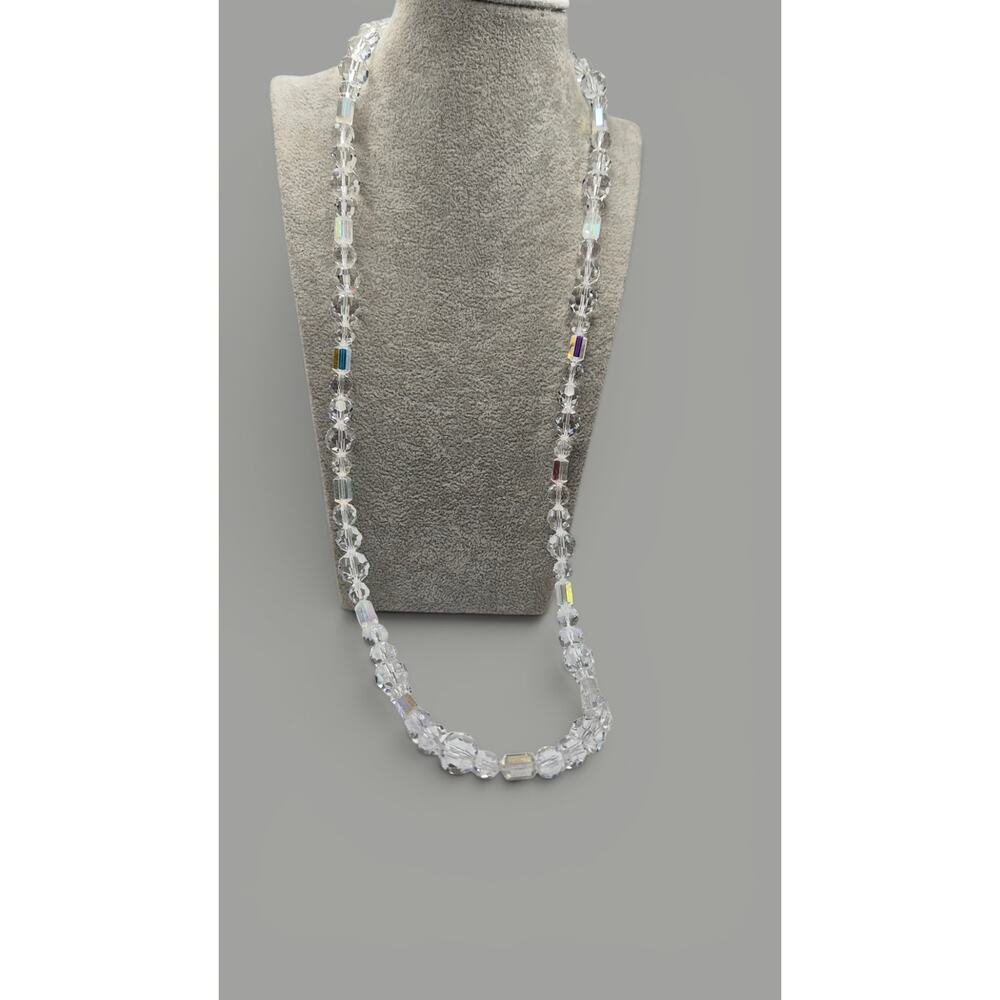 Vintage Clear Crystal Bead Necklace Long Faceted Statement Necklace